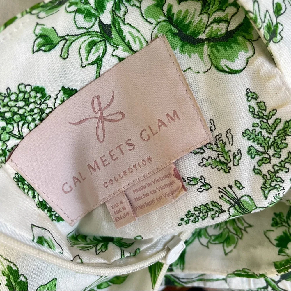 Gal Meets Glam Lisa Green White Toile Floral Tiered Mini Dress 4 - Picture 8 of 16